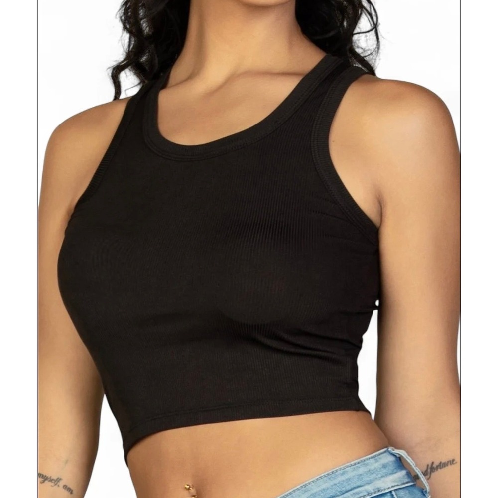 Ribbed Tank Top Racerback Sleeveless Basic Crop Top Black Casual Everyday